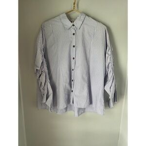 Free People Striped Ruched Sleeve Button Down Shirt Blue White Size S